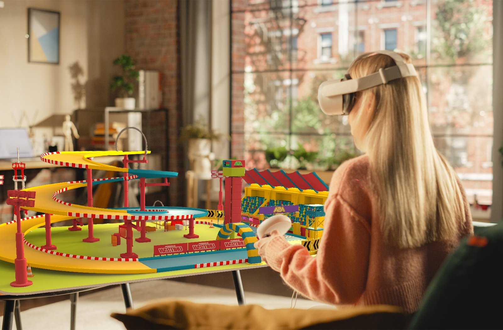 Player racing on a Loony Laps mixed reality track